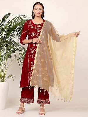 Indian Party Wear Maroon Velvet Kurta With Palazzo Pants And Embroidered Chanderi Dupatta