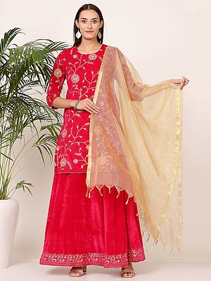 Festive Pink Velvet Kurti Sharara Set With Floral Embroidery And Chanderi Dupatta Indian Ethnic Dress
