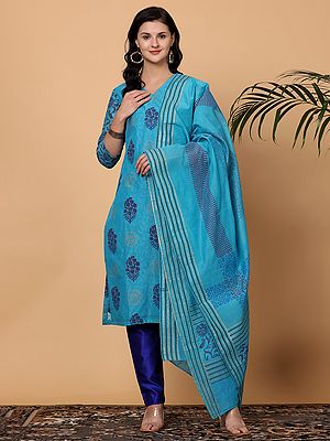 Chanderi Kurta Set With Floral Block Print And Silk Pants For Party Wear And Festive Occasion