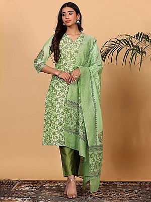 Women Green Chanderi Kurta With Floral Block Print And Silk Trousers Indian Ethnic Suit For Party Wear