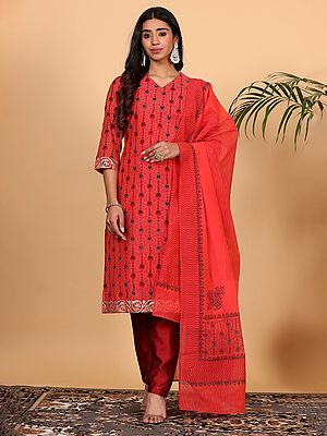 Indian Ethnic Red Chanderi Kurta With Polka Dot Block Print And Silk Pants Best For Festive And Party Occasions