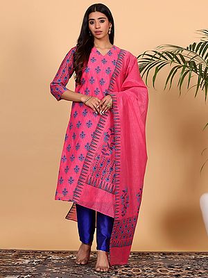Pink Women Chanderi Kurta Set With Blue Block Print And Silk Pants For Casual Wear
