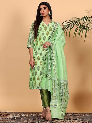 Green Chanderi Kurta Set With Paisley Block Print And Silk Pants Festive Indian Wear