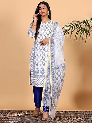 Cotton Kurta With Pink Block Print And Silk Pants With Chanderi Dupatta For Casual Wear