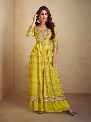 Yellow Palazzo Salwar Suit Chinon Ethnic Wear Designer Outfit For Festival Party Wedding Ceremony