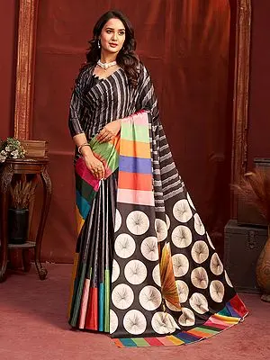 Women's Black Crepe Silk Classic High Print Saree Traditional Designer Festive Stylish Lightweight Sari