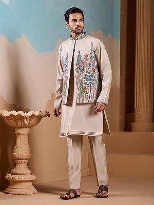 Silk Men's Kurta Koti Three Piece Set Multi Thread Sequence Embroidery Modern Festive Jacket Style Outfit