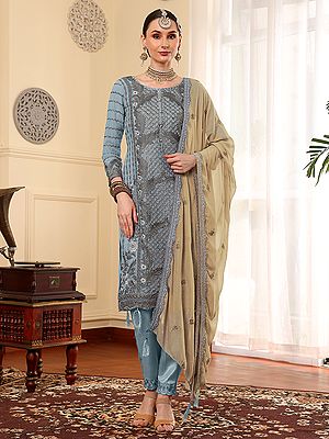 Faux Georgette Embroidered Salwar Suit With Santoon Bottom Chiffon Dupatta Designer Elegant Partywear