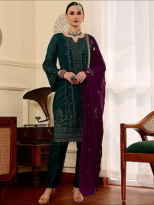 Embroidered Faux Georgette Salwar Suit Set With Santoon Bottom And Chiffon Dupatta For Women Ethnic Wear