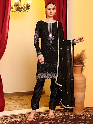 Designer Embroidered Faux Georgette Salwar Suit With Santoon Pant And Chiffon Dupatta For Festive Collection