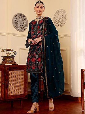 Elegant Embroidered Faux Georgette Salwar Suit With Trouser And Chiffon Dupatta For Women’s Party Wear