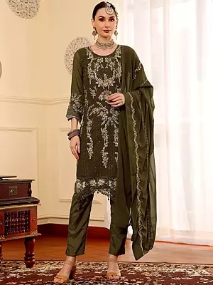 Classic Embroidered Faux Georgette Salwar Suit With Santoon Pant And Chiffon Dupatta Ideal For Party Wear