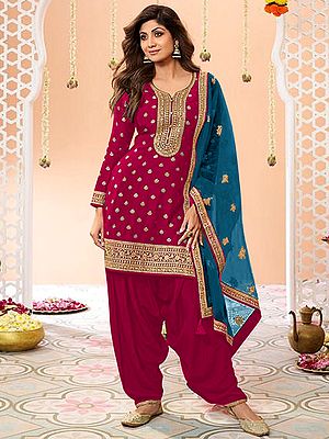 Premium Silk Patiala Salwar Suit With Santoon Bottom And Net Dupatta Thread Weaving And Embroidery Work