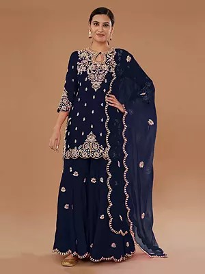 Vichitra Silk Embroidered Palazzo Suit With Designer Organza Dupatta Thread Sequin Work Party Wear Ethnic Set