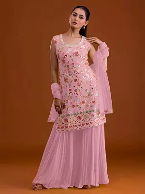 Georgette Embroidered Palazzo Suit With Multi Thread And Foil Mirror Work Stylish Festive Party Wear Set