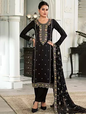 Premium Munga Silk Straight Suit With Sequin Thread Embroidery Chinon Dupatta Santoon Pant Festive Wear