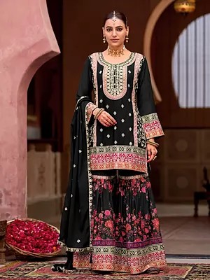 Chinon Embroidered Sharara Suit With Elegant Floral Print Designer Dupatta Party Wear Festive Ethnic Set For Women