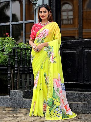 Yellow Tabby Silk Saree With Vibrant Floral Print Handcrafted Embellishments Designer Statement Party Ethnic Wear