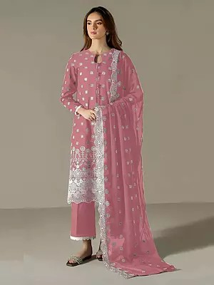 Artisan Faux Georgette Long Straight Suit Featuring Intricate Cotton Thread Embroidery With Designer Dupatta