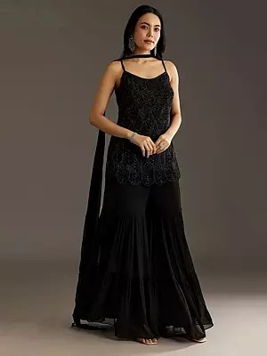 Faux Georgette Palazzo Suit With Intricate Beads Embroidery Elegant Designer Outfit For Festive Party Statement Wear