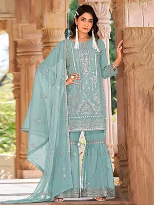 Organza Palazzo Suit With Exclusive Thread Sequin Embroidery Designer Festive Ethnic Wear With Dupatta