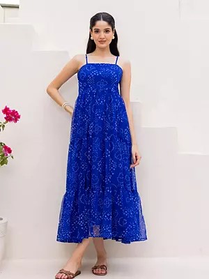 Blue Faux Georgette Midi Gown Heavy Digital Print Spaghetti Strap Empire Waist Tiered Aline Casual Party Dress