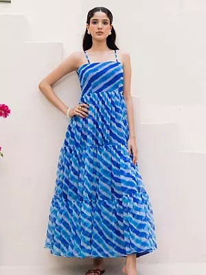 Women's Blue White Striped Faux Georgette Maxi Gown Heavy Digital Print Spaghetti Strap For Summer Party Dress