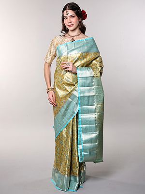 Rice-Gold Pure Silk Saree with Intricate Zari Woven Flowers Vines Pattern on All-over and Contrast Pallu-Border