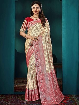 All Over Floral Kanjivaram Silk Weaving Work Saree With Tassels Attractive Pallu