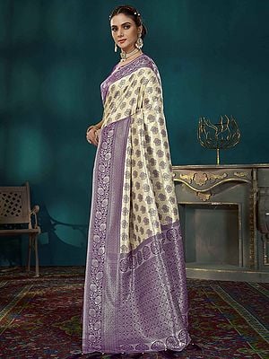 Floral Border Banarasi Silk Weaving Work Festival Wear Saree With Attractive Tassels Pallu