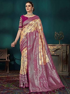 Kanjivaram Silk Floral Broad Border Weaving And Embroidery Work Saree With Tassels Pallu