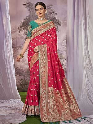 Banarasi Silk Small Motifs All Over Jari And Weaving Embroidery Work Festival Wear Saree