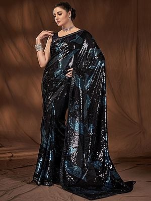 Georgette Heavy Sequins Work Party Wear Saree With Blouse