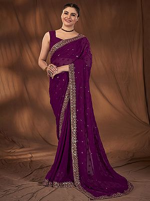 Georgette Sequins And Embroidery Work Wedding Wear Saree With Blouse