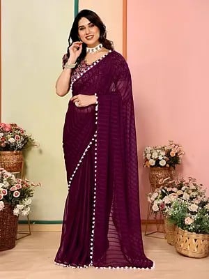 Striped Pattern Georgette Solid Saree With Digital Print Blouse For Wedding Occasion