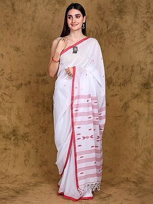 Bright-White Tangail Handloom Pure Cotton Puja Saree from Bengal