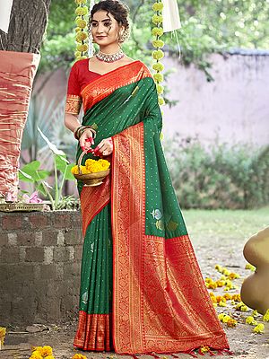 Contrast Floral Border Silk Festival Wear Silk Saree With Tassels Pallu