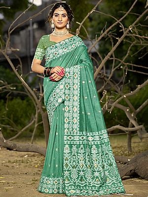 Woven Work Broad Border Wedding Wear Linen Cotton Saree With Blouse