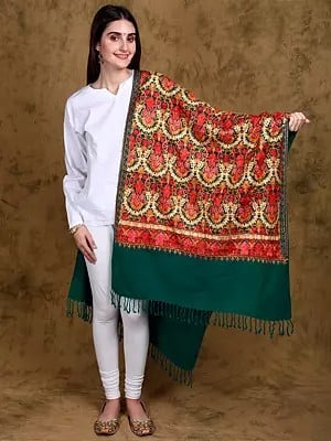 Wool Kashmiri Stole with All-Over Multicolor Paisley-Floral Aari Embroidery