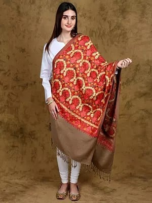 Wool Kashmiri Stole with All-Over Multicolor Paisley-Floral Aari Embroidery