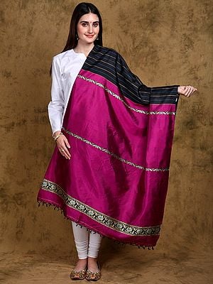 Pure Silk Baluchari Dupatta from Bengal with Stripes and Woven Floral Vine