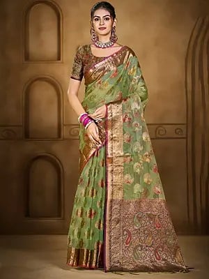 All Over Floral Woven Motifs Organza Saree With Attractive Paisleys Motifs Pallu