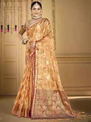 Floral Leaf Motifs Woven Work Organza Saree With Zig-Zag Pattern Tassels Pallu