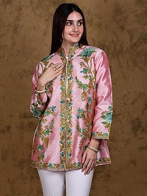 Pink-Lady Short Mandarin Collar Jacket from Kashmir with Aari Embroidered Floral Bail Pattern