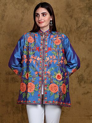 Palace-Blue Mandarin Short Jacket from Kashmir with Vibrant Aari Embroidered Giant Flowers