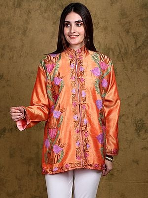 Orange-Ochre Mandarin Collar Kashmiri Short Jacket with Aari Embroidered Tulip Flowers