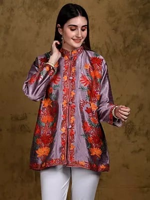 Diffused-Orchid Mandarin Collar Short Jacket from Kashmir with Aari Embroidered Floral