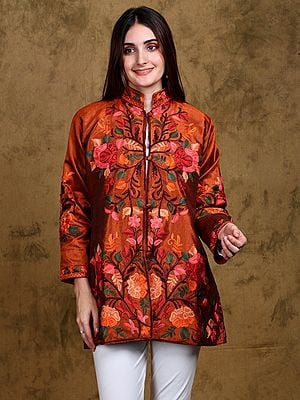 Gold-Flame Mandarin Collar Kashmiri Short Jacket with Vibrant Aari Embroidered Giant Flowers