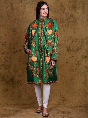 Art Silk Mandarin Collar Kashmiri Long Jacket with All-Over Aari Embroidered Giant Floral Vine