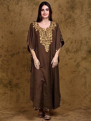 Chicory Coffee Long Kaftan with Aari-Embroidery from Kashmir